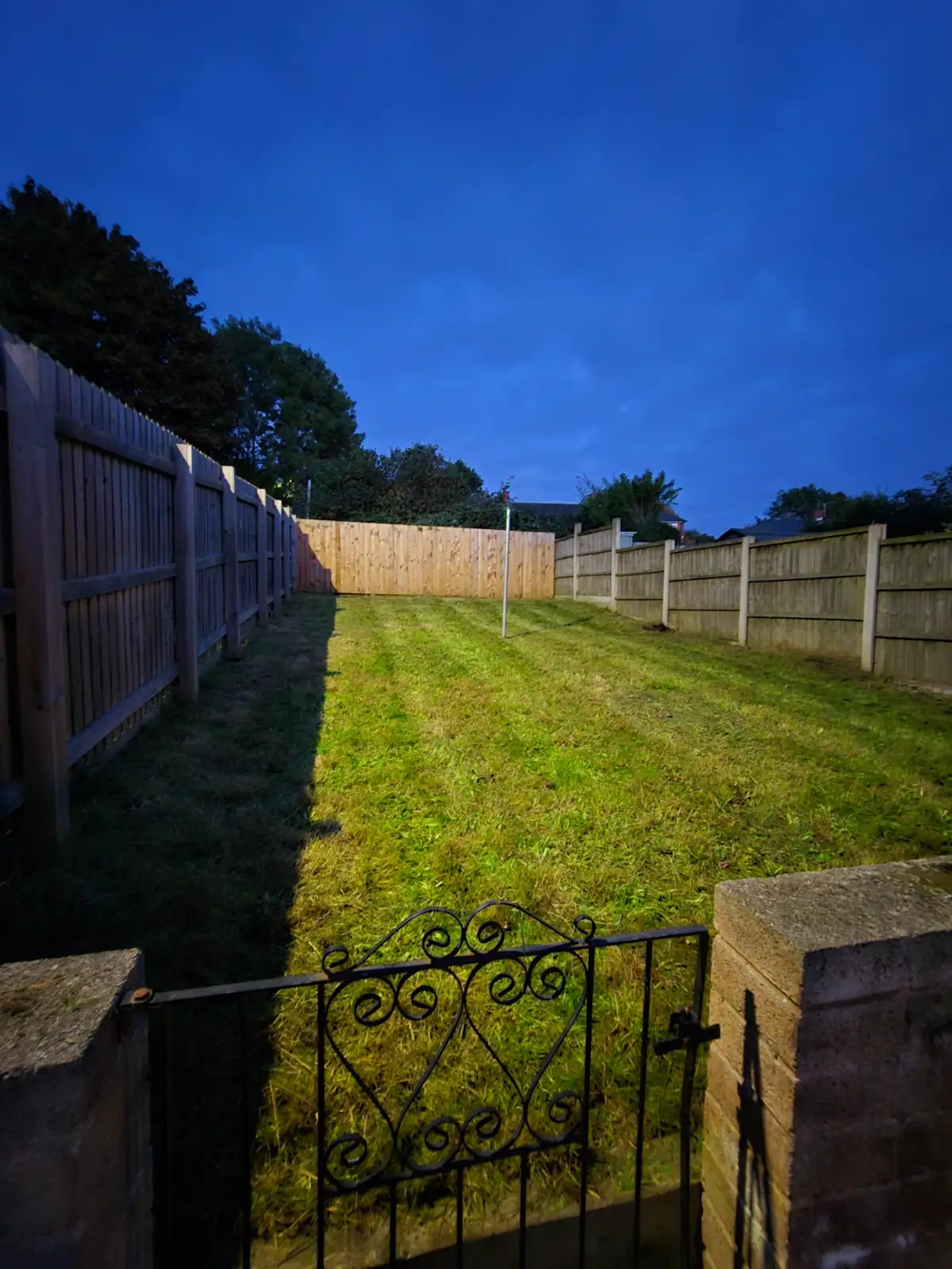 Freshly maintained garden with mowed lawn and clear pathways