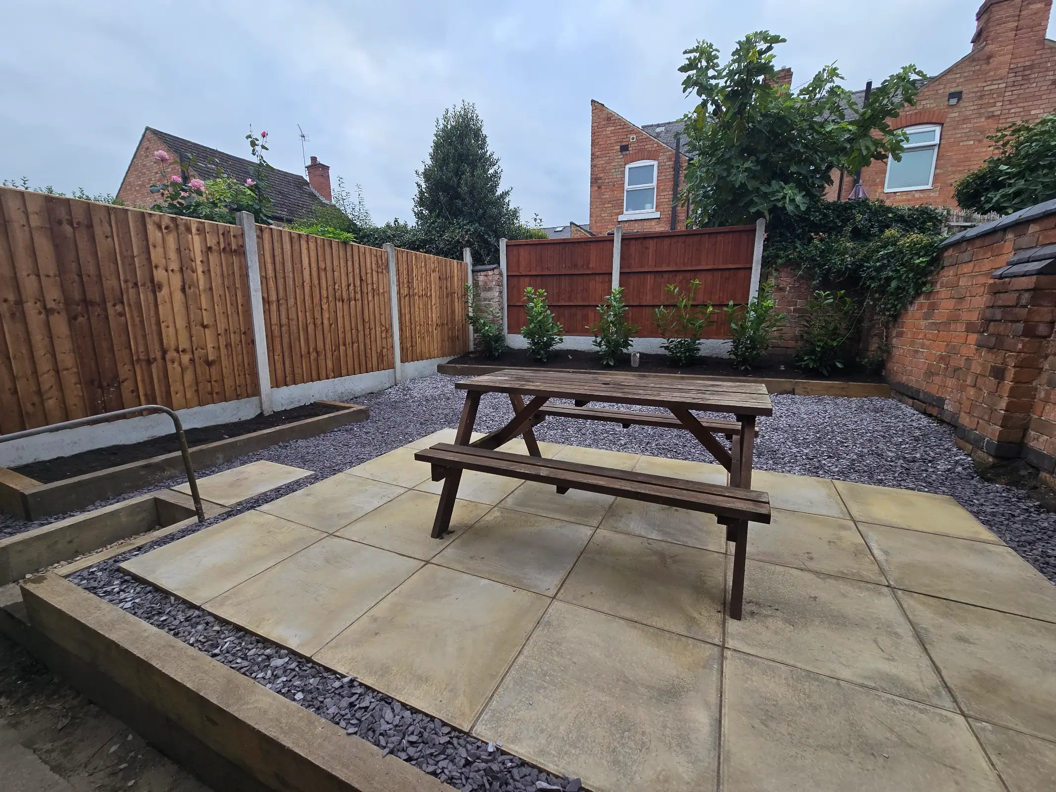 A newly landscaped garden with a patio